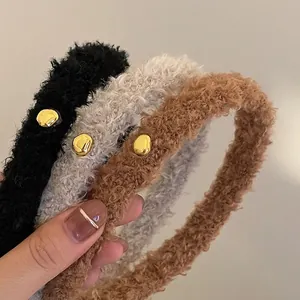 Korean Retro Lamb Wool Headband Gold Buckle Thin Fleece Hairband Autumn Winter Fashion Hair Accessory Head Hoop For Women