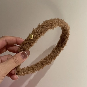 Vintage lamb wool headband with gold metal accent in caramel brown color for women