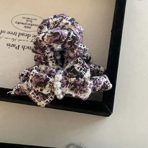 Elegant purple tweed hair claw clip with white pearls and gold thread for women