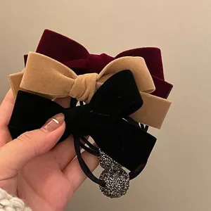 Elegant Velvet Bow Hair Scrunchie With Rhinestone Ball Decor Vintage Style Elastic Hair Tie Ribbon Ponytail Holder For Women