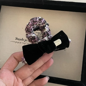 Grape purple tweed bow hair claw clip with velvet ribbon and metallic accent