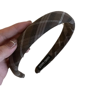 Handmade brown plaid pattern headband featuring classic checkered twill fabric design
