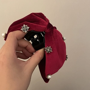 French vintage wine red velvet bow hair claw clip with pearls and silver floral charms