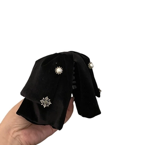 Vintage black velvet bow hair claw clip with faux pearls and rhinestone metal accents