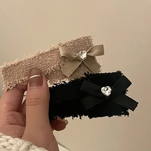 Barrette à Cheveux Élégante Nœud Papillon en Laine Avec Strass Cœur Pince BB Bord Brut Accessoire de Coiffure Style Coréen pour Femme