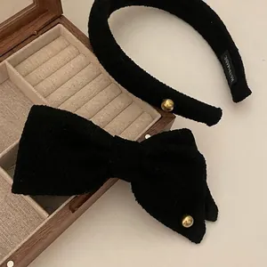 Elegant Black Tweed Bowknot Headband With Gold Buckle Decoration Handmade Fashion OL Style Hair Accessories For Women Daily