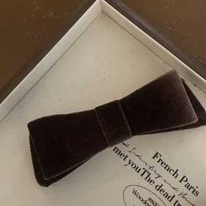 Detail of elegant chocolate brown velvet double-layered bow clip on retro background