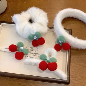 White Plush Cherry Hair Accessories Set Handmade Cloth Headband Hair Ties Claw Clips Cute Sweet Style For Women Daily Use