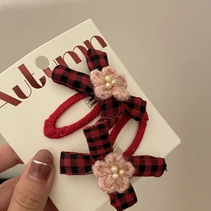 Handmade plaid bow hair clips with knitted pink flowers and pearls for kids