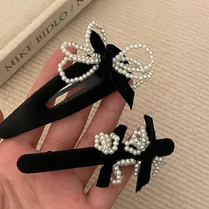 Korean Style Velvet Hair Clip With Faux Artificial Pearl Bow Elegant Fabric Fringe Barrette Hairpin Accessory For Women Daily Dating