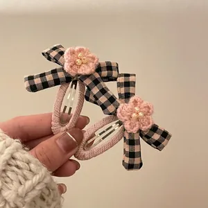 Sweet Plaid Bow Hair Clips For Women Girls Crochet Flower Faux Artificial Pearl Decorative Snap Clips Elegant Daily Hair Accessories