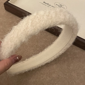 Thick plush headband in cream white faux fur for women's high cranial top winter hair style