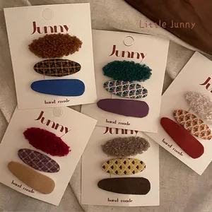 Set Of Lovely Plush Check Floral BB Hair Clips For Girls Sweet Korean Style Fabric Fringe Side Clips Handmade Hair Accessories