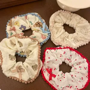 Sweet Bear Bow Fabric Scrunchie Cute Cartoon Print Hair Tie Pom-pom Trim Hair Accessories Headwear For Women And Girls