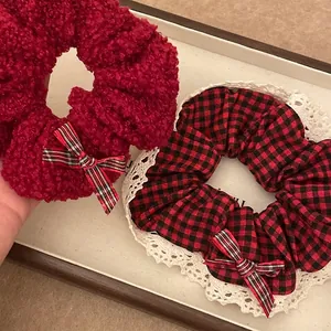 Retro Red Plaid Bow Hair Scrunchies For Women Autumn Winter Korean Style Elastic Lace Fabric Hair Ties Headwear Accessory