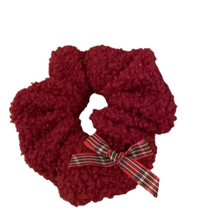 Retro burgundy plush scrunchie with red-green plaid bow for women's autumn winter style
