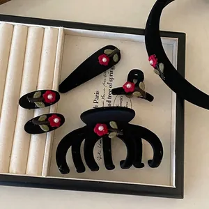 Vintage Flocking Hair Clip Red Embroidered Flower Headband Faux Artificial Pearl Handmade Elegant Hair Accessories For Women Daily