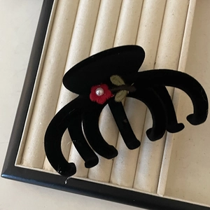 Vintage black velvet hair claw clip with red floral embroidery and white pearl detail