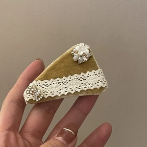 Vintage velvet hair clip with delicate lace, pearls, and rhinestones in tan brown