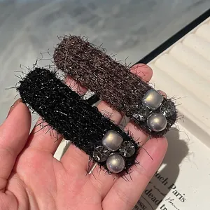 Elegant Tweed Hair Clip With Faux Artificial Pearl And Grey Rhinestone French Style Black BB Clip For Women Vintage Hair Accessory
