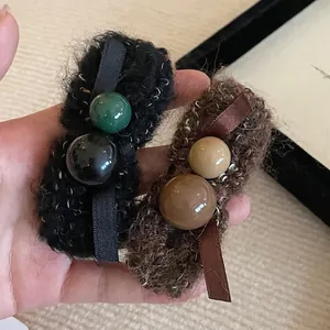 Cute Plush Hazelnut Chocolate BB Hair Clip Vintage Bowknot Resin Beads Snap Clip Sweet Hair Accessories For Women Girls
