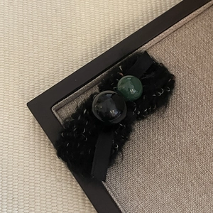 Classic black tweed bow hair clip with vintage dark green bead accents for women