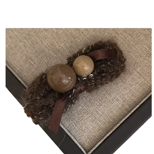 Cute hazelnut chocolate brown plush hair clip with satin bow and resin beads accessory