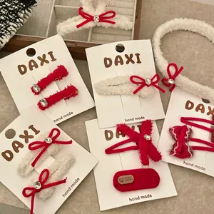 Plüsch Weihnachten Rote Schleife Haarklammer Stirnband Set Für Damen Winter Warm Strass Entenschnabel Haarnadel Zubehör