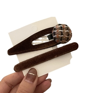 Brown velvet hair clip set with checkered button and BB clip on white background