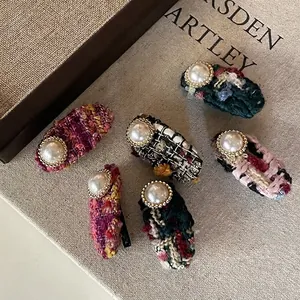 Vintage Tweed Woven Hair Clip With Elegant Large Faux Artificial Pearl Handmade Fringe Side Clip For Women Hair Accessories