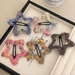 Yarn Wrapped Star Hair Clip With Colorful Dots Sweet Woolen Knitted Star BB Clip For Women Girls Daily Hair Accessories