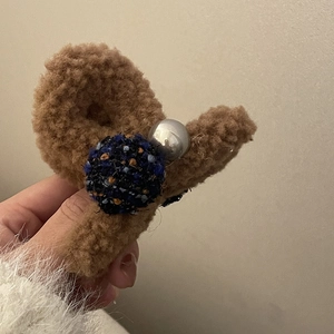 Brown faux fur hair claw clip with blue tweed ball and silver bead for winter styling