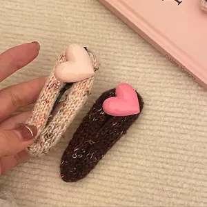 Barrette à Cheveux Douce en Fil Tricoté Cœur Pour Femmes Filles Rose Kaki Brun Fait à la Main Crochet BB Pince Accessoires Cheveux