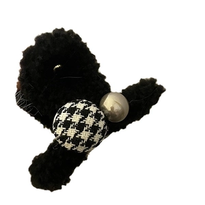 Plush black faux fur shark hair claw clip with houndstooth pattern ball and metallic bead