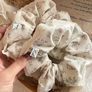 French Vintage Lace Floral Scrunchie Creamy White Fabric Pleated Elastic Hair Tie Sweet Large Intestine Hair Ring For Women
