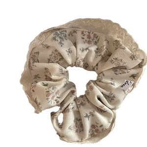 French style creamy white floral lace hair scrunchie with delicate blue flower patterns