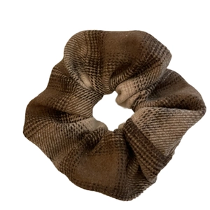 Classic British style brown plaid scrunchie with a soft textured tartan pattern design