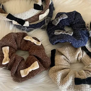 Vintage Tweed Bowknot Headband Scrunchie Set For Women Handmade Fabric Hair Clip Elegant Sweet Hair Accessories