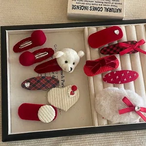 Festive Red White Fabric Hair Clips Artificial Pearl Rhinestone Embroidery Bow Bear Heart Pins Women Kids Hair Accessories