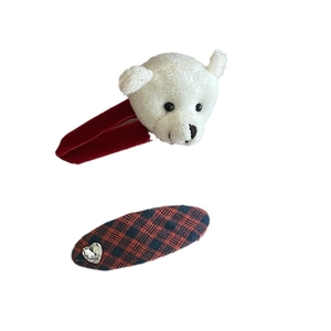 Cute red velvet hair clip set with plush bear head and checkered heart rhinestone pin