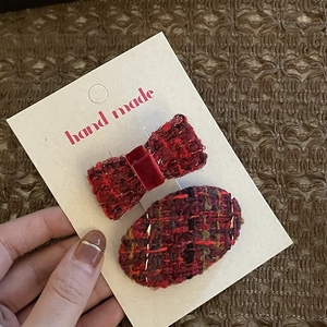 Festive red tweed bow hair clips set for Chinese New Year in vintage handmade style