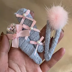 Barrette à Cheveux Nœud en Tricot Doux pour Femmes Avec Strass en Cœur Künstliche Perle Rose Bleu Fil Épingle à Cheveux Fait Main Accessoires Cheveux BB Clip