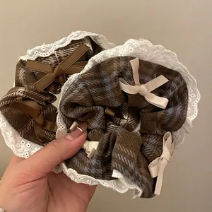 Vintage French Plaid Lace Scrunchies For Women Checkered Large Hair Ties With Bow Ribbon Fabric Elastic Hair Bands
