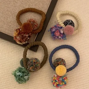 Handmade Forest Style Pompom Hair Tie For Women Colorful Wool Ball Elastic Hair Band Autumn Winter Hair Accessories Headwear