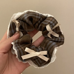 Plaid hair scrunchie in dark coffee and light blue with white lace and cream bows