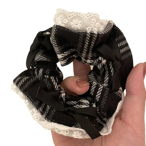 French style black and white plaid hair scrunchie with lace trim and black ribbon bows