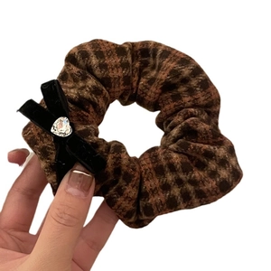 Vintage checkered scrunchie with a black velvet bow and heart-shaped crystal detail