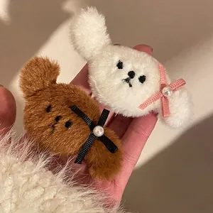 Pince À Cheveux En Peluche Mignonne Chien Ours Nœud Papillon En Ruban Künstliche Perle Ornée Pince Bec De Canard Pour Femme Fille