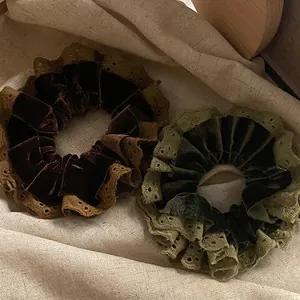 Vintage Velvet Lace Hair Scrunchie For Women Double Layer Elastic Hair Ties Elegant French Style Ponytail Holder Hair Accessories