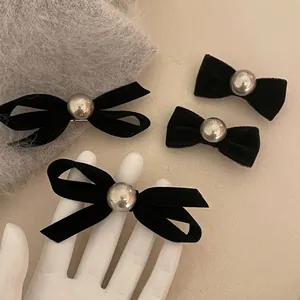 French Vintage Black Velvet Bow Hair Clip With Faux Artificial Pearl Elegant Ribbon Duckbill Side Clip For Women Hair Accessories